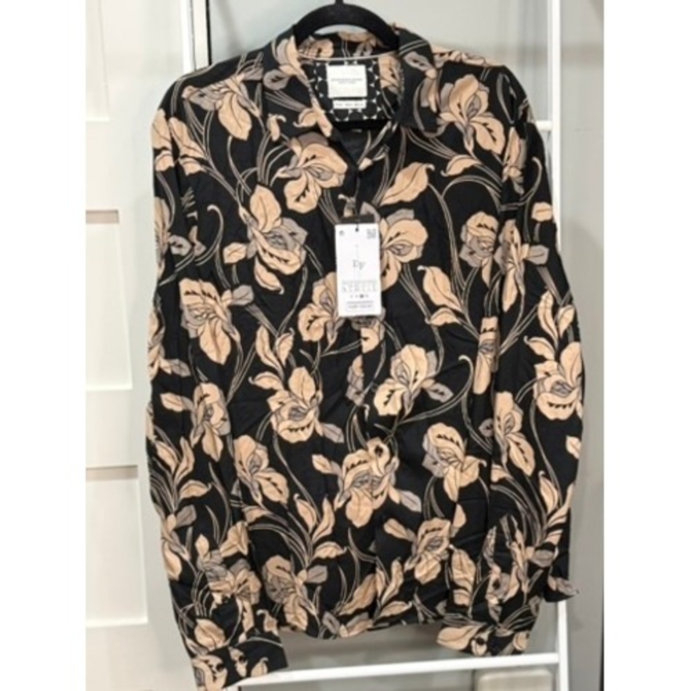 Denim & Flower Ricky Singh Mens L Black Floral Button Up Shirt Dark Academia NWT